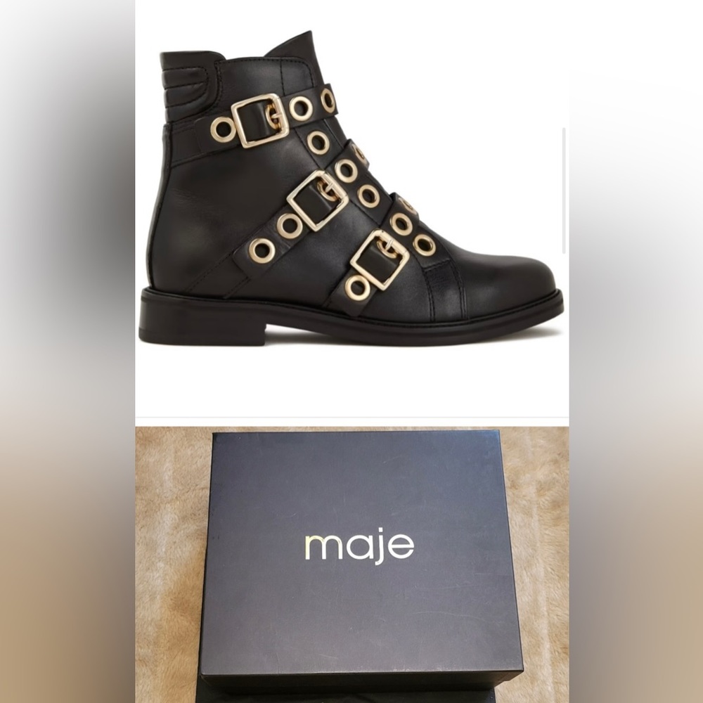 MAJE Buckled eyelet
embellished leather ankle boots